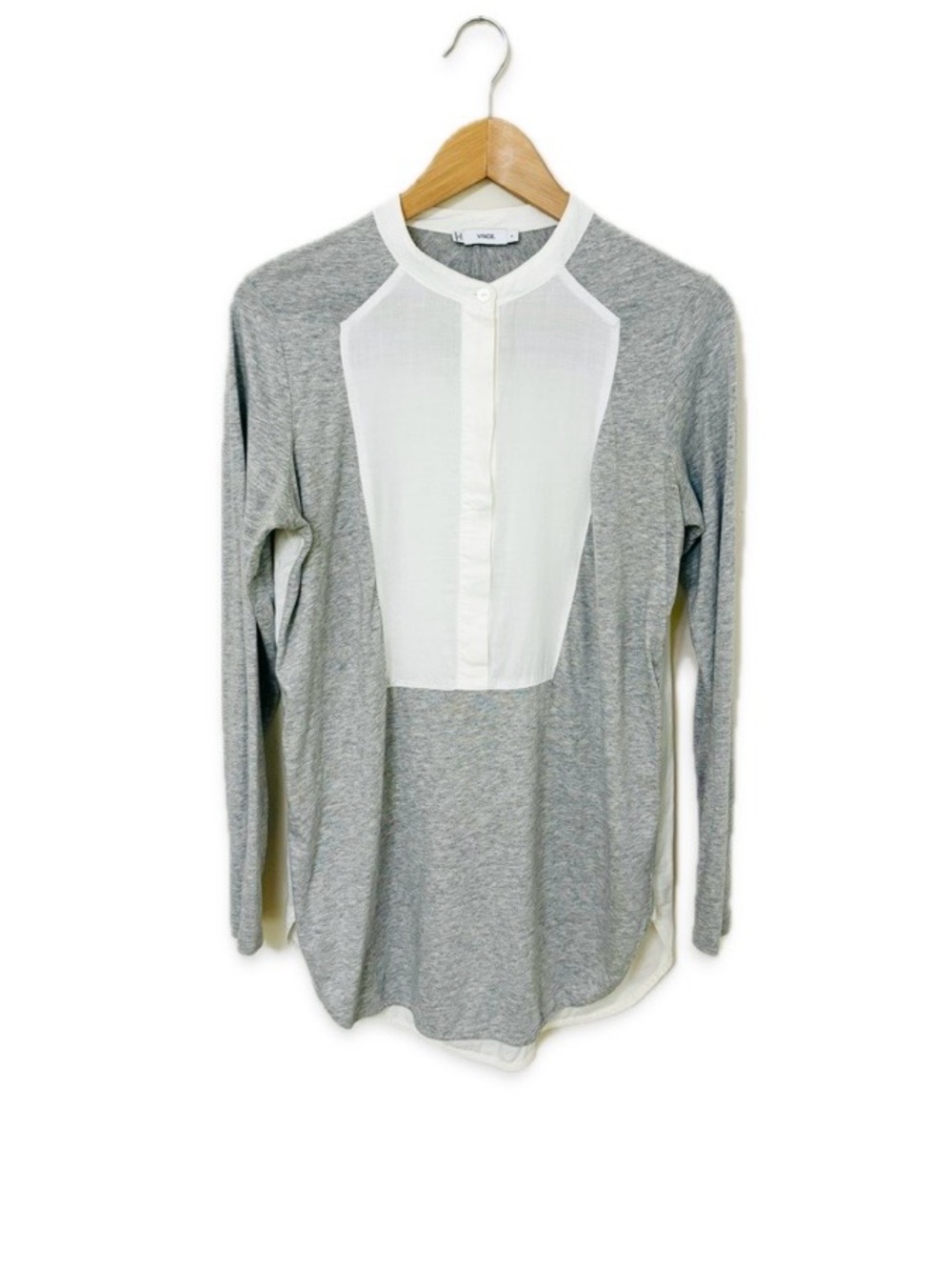 Vince Mandarin Collar Heathered Gray Ivory Tuxedo Knit Tunic Top Size S